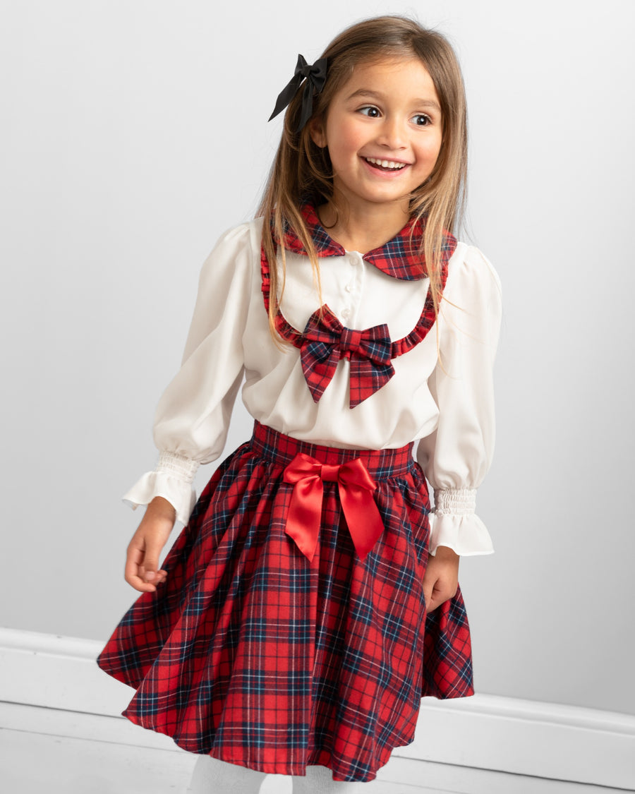 Red Tartan Plaid Two-Piece Set with Bows and Ruffle Collar