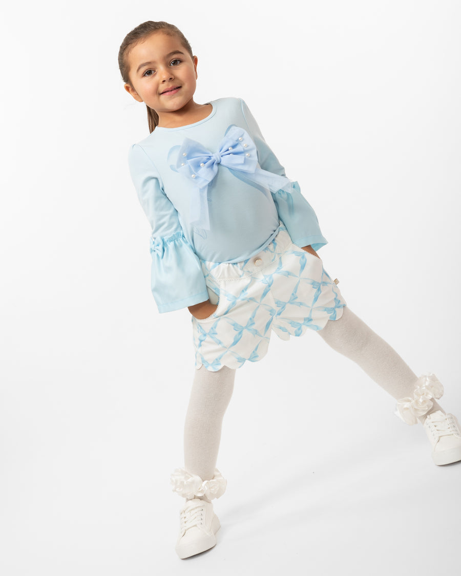 Sky Blue Scalloped Shorts Set with Pearl Embellishments (4-8 years)