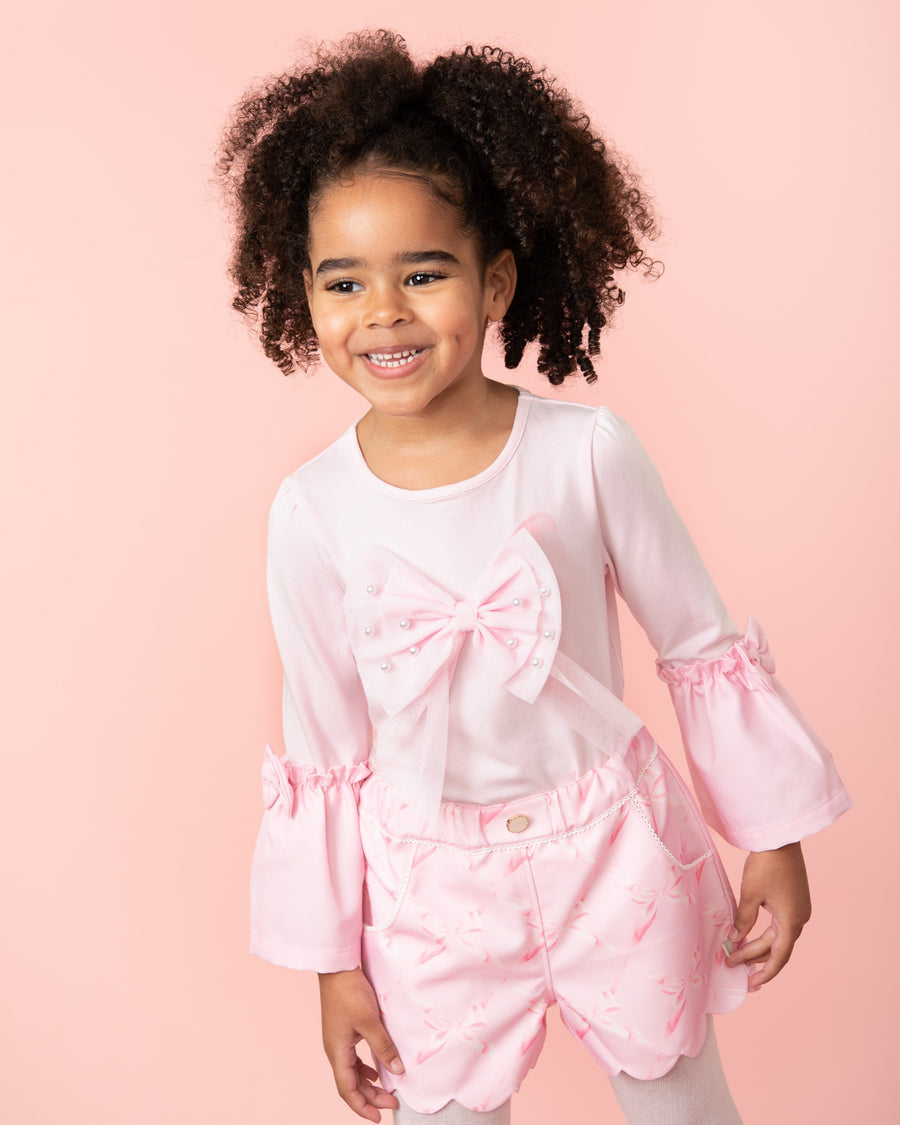 Pink Scalloped Shorts Set with Pearl Embellishments (4-8 years)