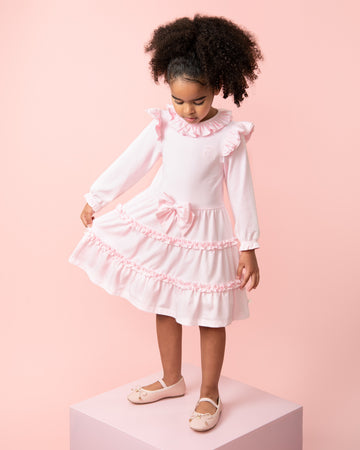 Pink Long-Sleeve Dress with Ruffles and Waist Bow