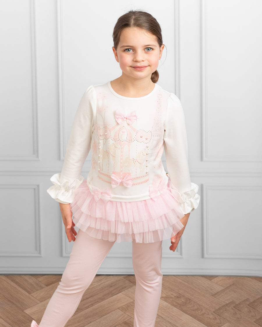 Pink Ruffled Leggings Set with Carousel and Eiffel Tower Design (4-8 years)