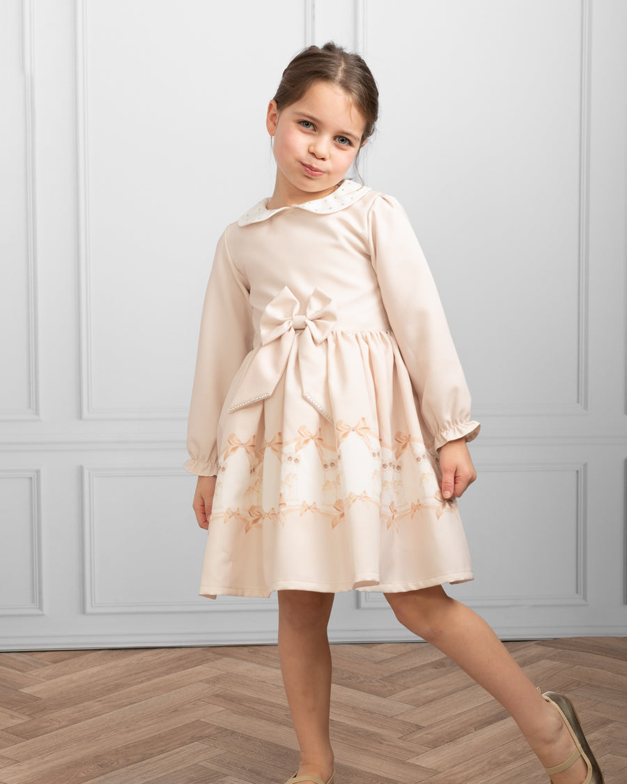 Mink Long-Sleeve Dress with Carousel Design (5-9 years)