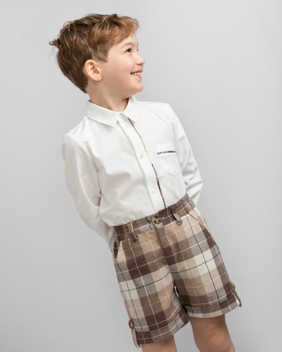 Boys Beige Plaid Shirt and Shorts Set with Elegant Accents