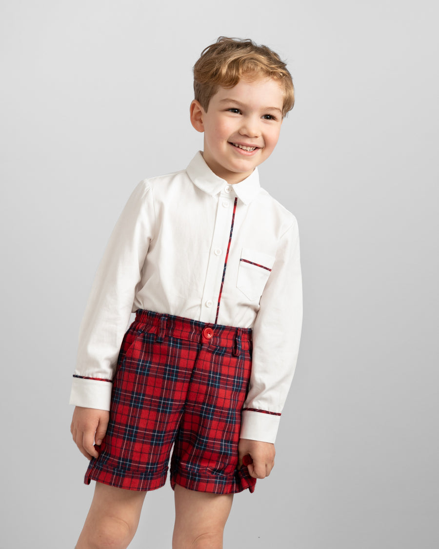 Boys Tartan Shirt and Shorts Set with Red Button Details