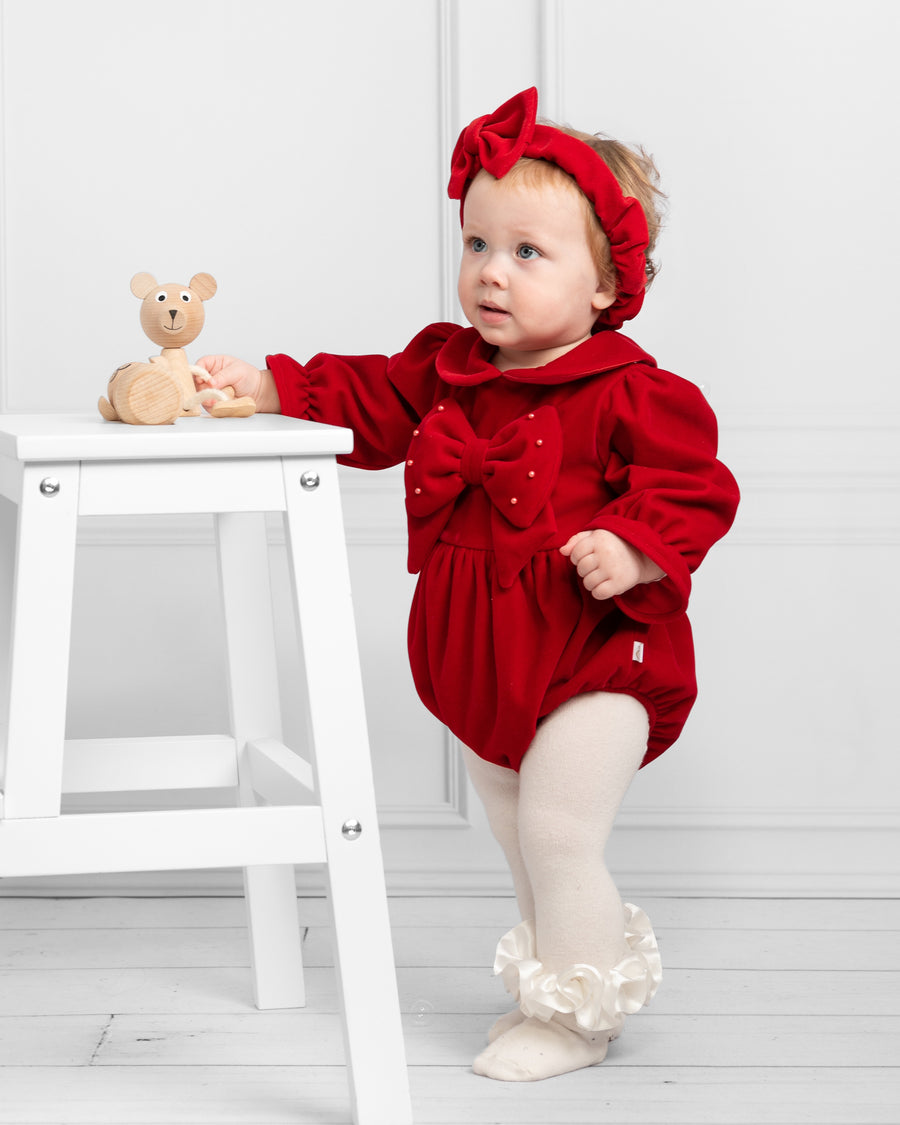 Red Baby Romper with Bow Detail and Matching Headband