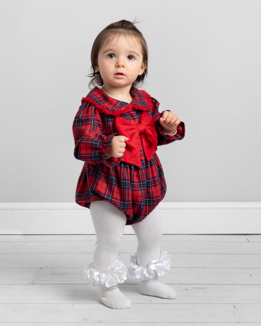 Red Tartan Plaid Romper with Bow and Peter Pan Collar