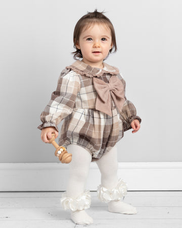 Beige Plaid Romper with Bow and Peter Pan Collar