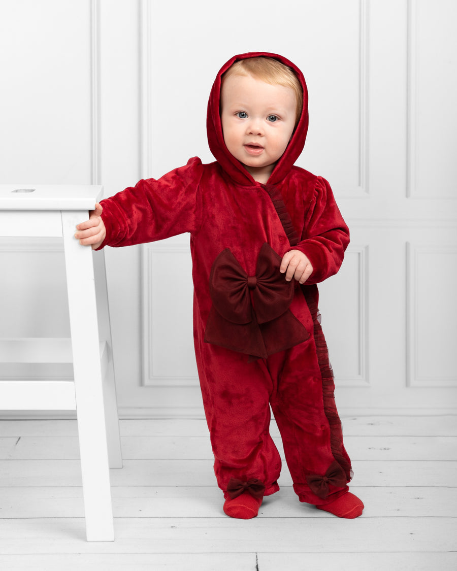 Red Velour Hooded Romper with Bow Details