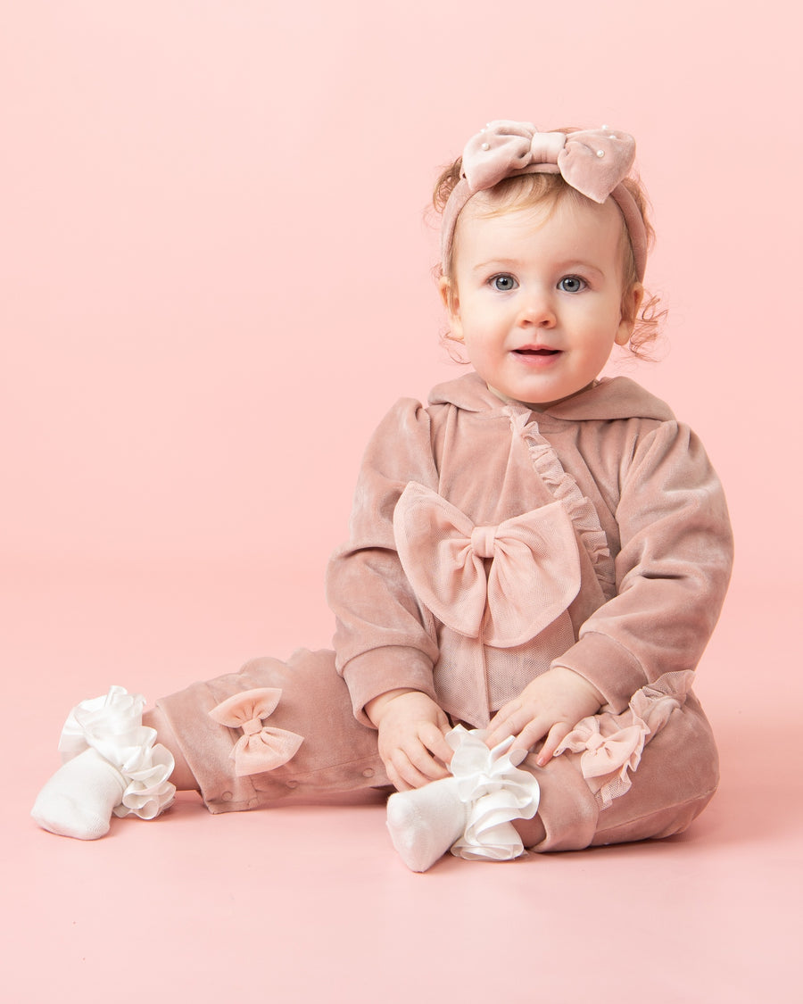 Pink Velour Hooded Romper with Bow Details