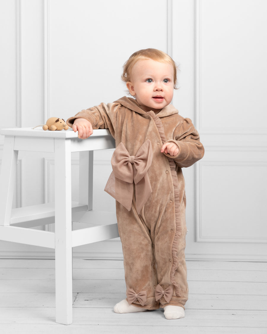 Beige Velour Hooded Romper with Bow Details