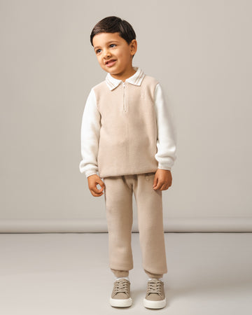 Beige Knit Two-Piece Baby Set with Collar Detail