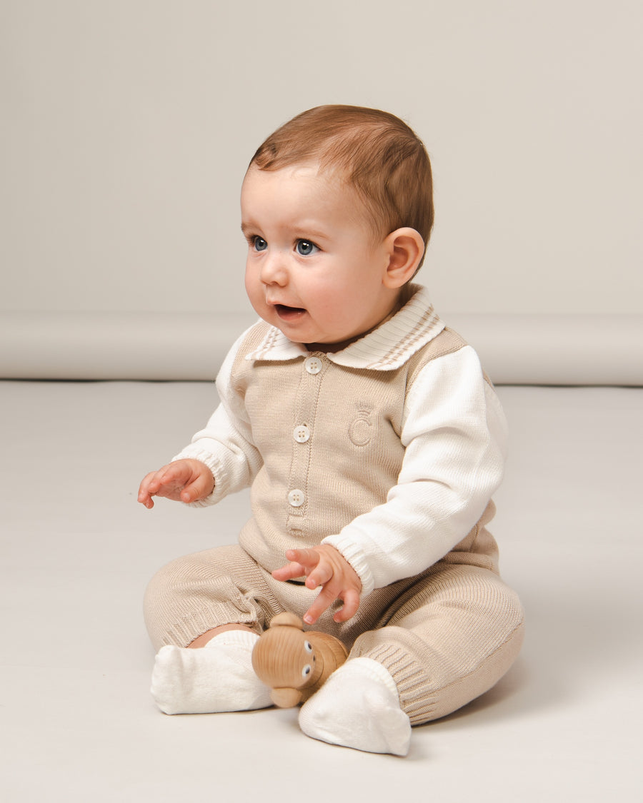 Beige Knitted Baby Romper with Striped Collar