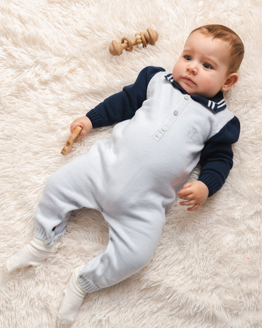 Navy/Sky Knitted Baby Romper with Striped Collar