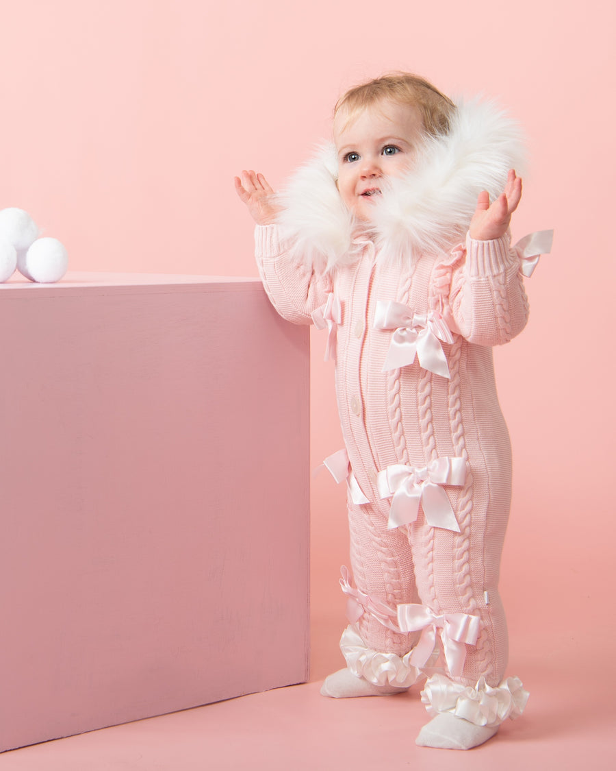 Pink Knitted Baby Snowsuit with Fur Hood and Satin Bows