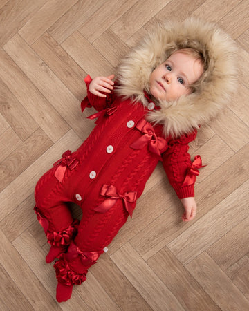 Red Knitted Baby Snowsuit with Fur Hood and Satin Bows