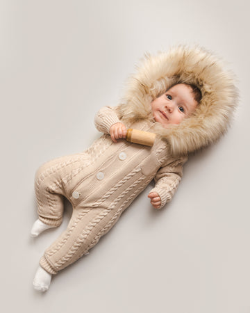 Beige Knitted Baby Snowsuit with Faux Fur Hood