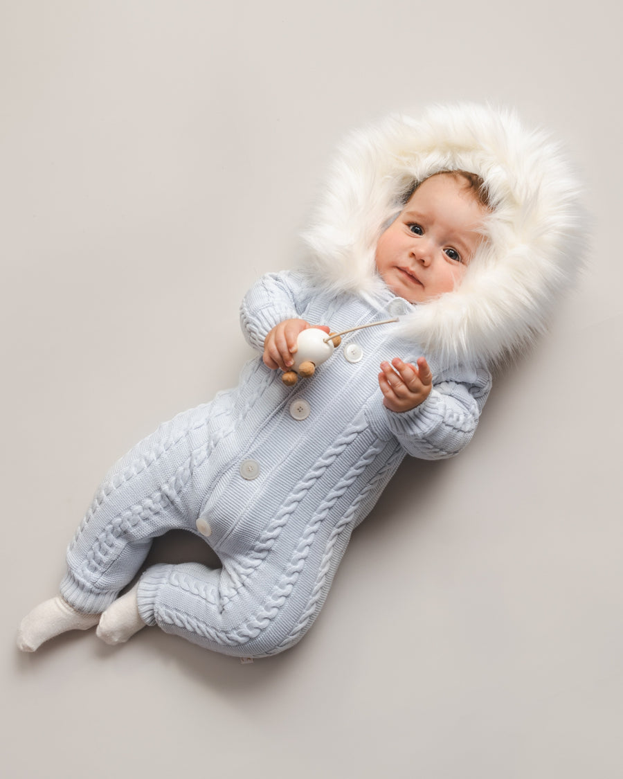 Sky Blue Knitted Baby Snowsuit with Faux Fur Hood