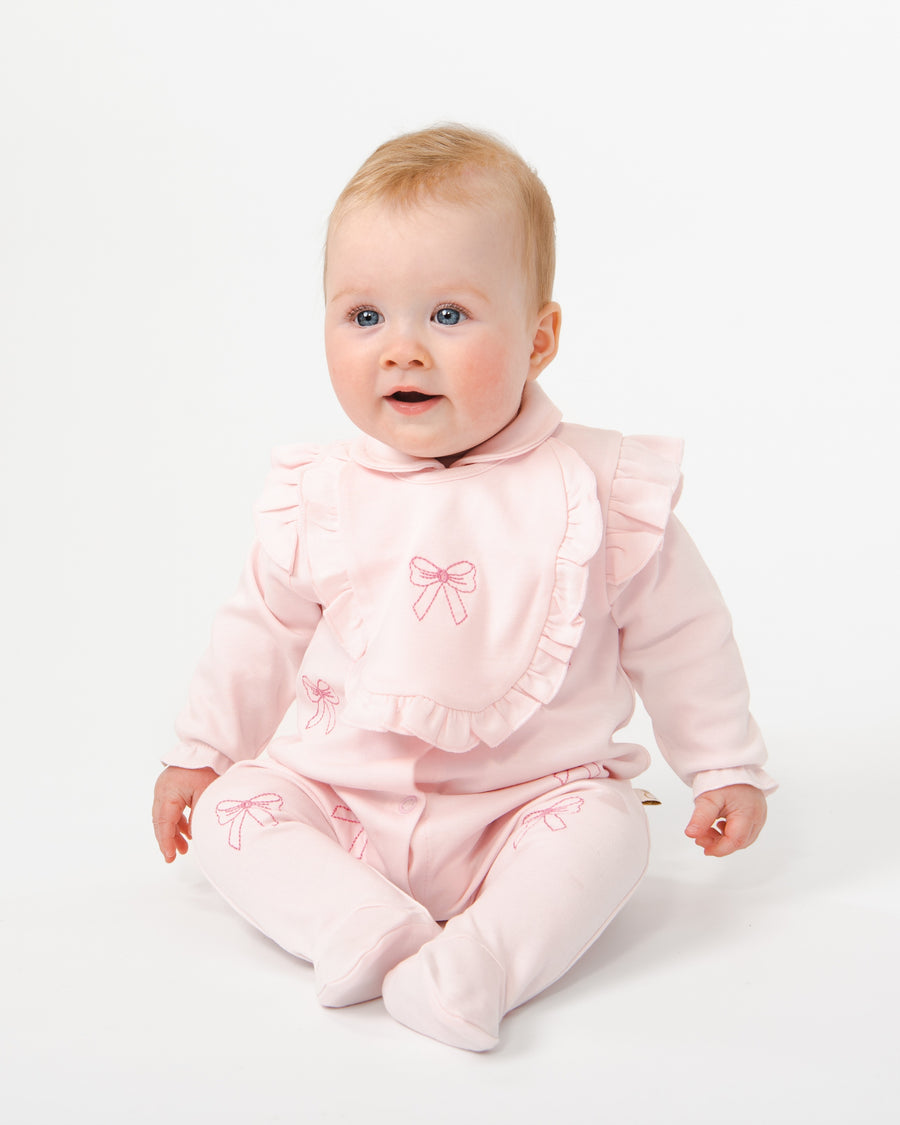 Pink Babygrow with Bow Embroidery and Matching Bib