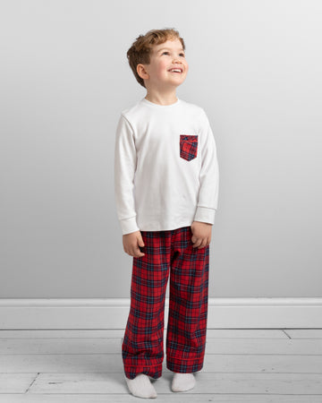 White Long-Sleeve Pyjama Set with Red Plaid Pants