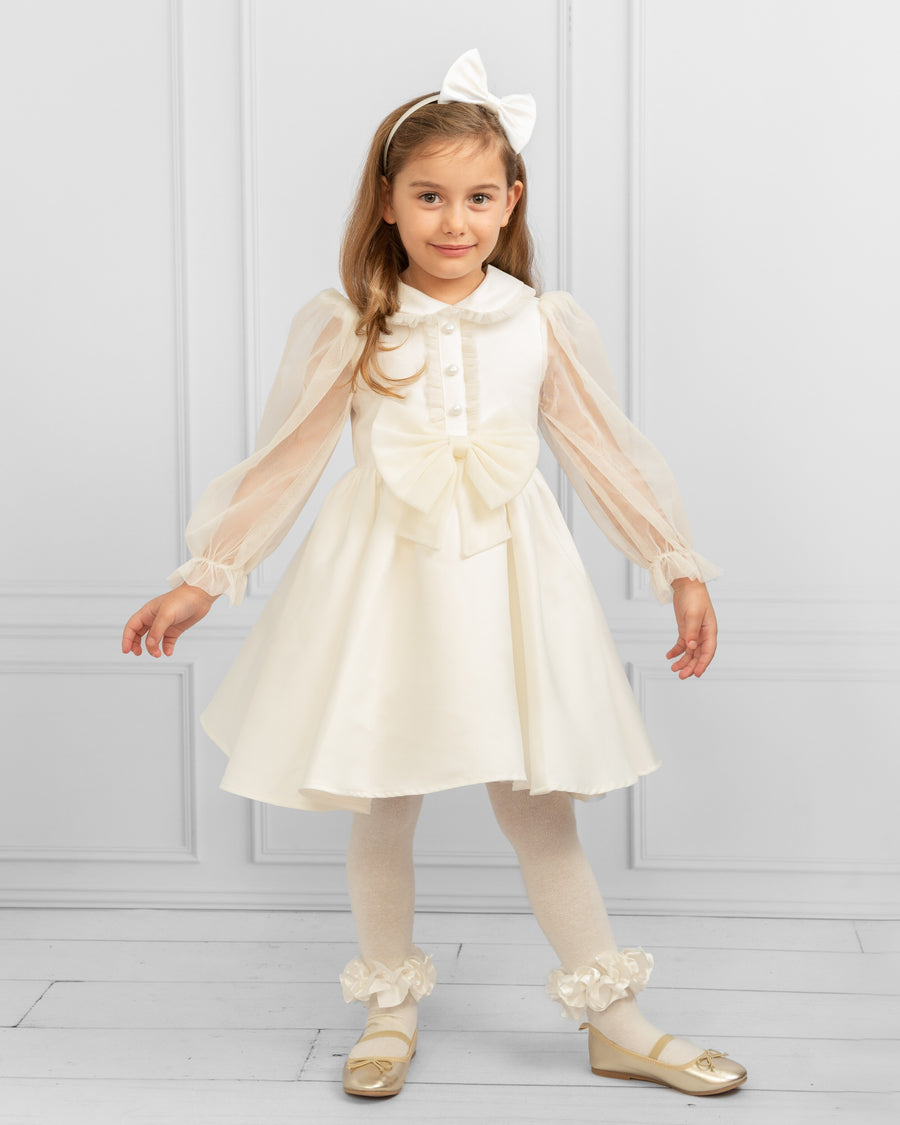 Ivory Long-Sleeve Dress with Sheer Sleeves and Bow Headband