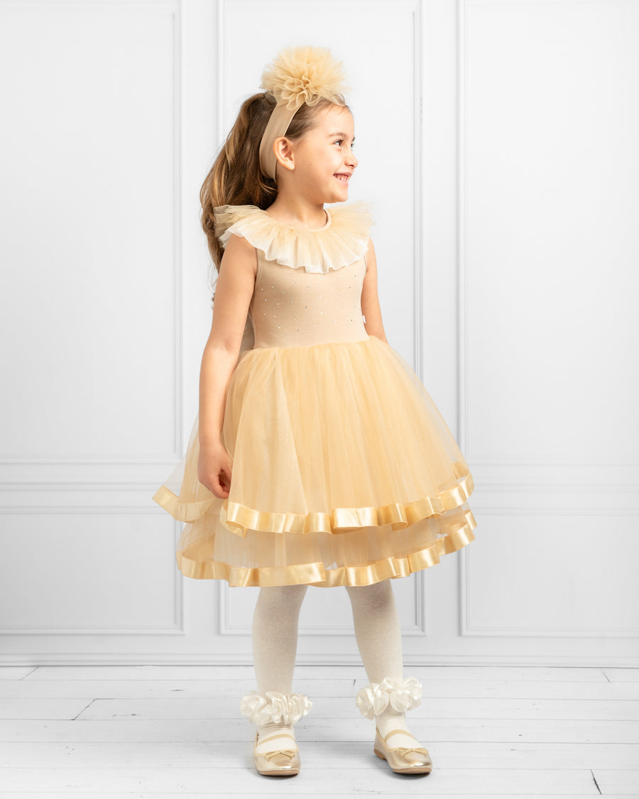 Mink Sleeveless Tulle Dress with Rhinestones and Matching Headband