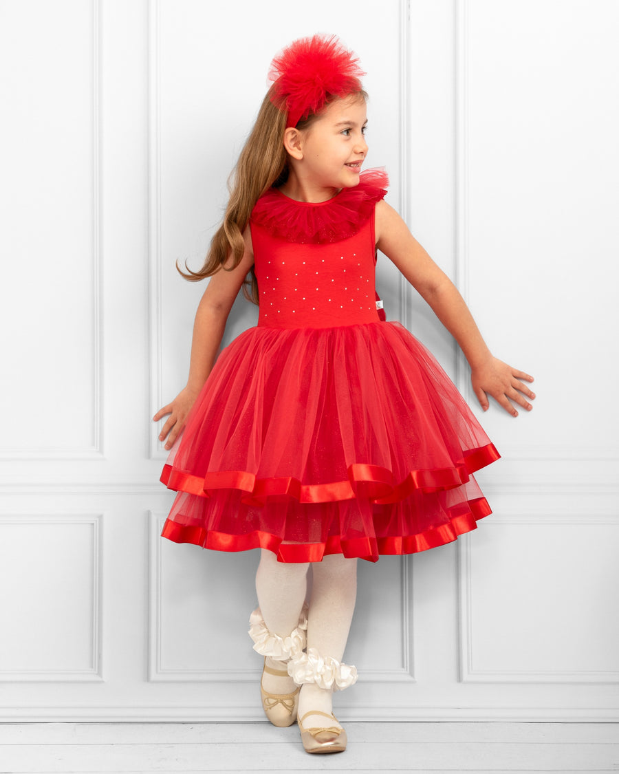 Red Sleeveless Tulle Dress with Rhinestones and Matching Headband