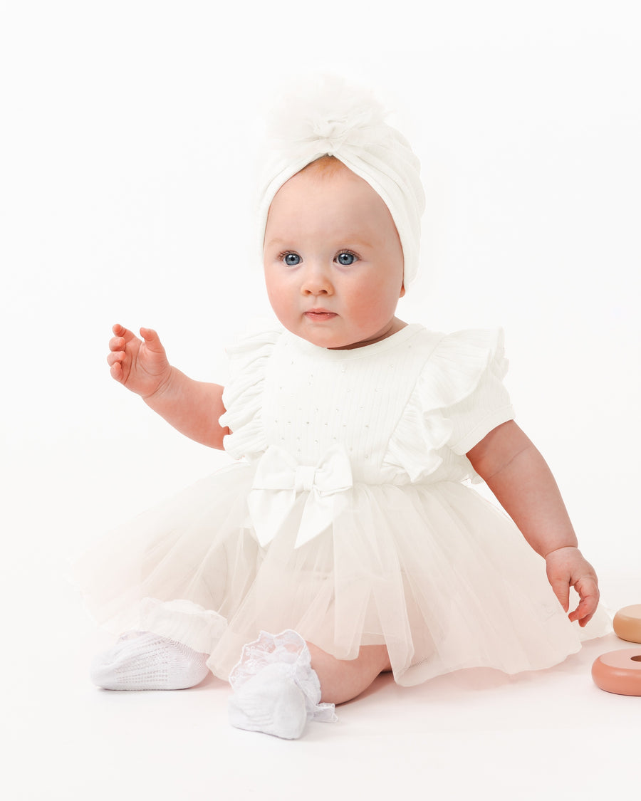 Ivory Tulle Baby Romper with Diamantes and Matching Hat