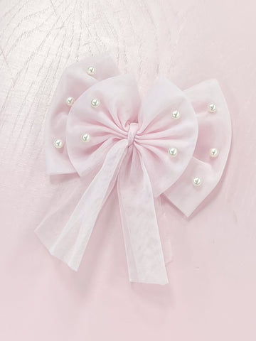 Pink Pearl-Embellished Tulle Bow Hair Accessory