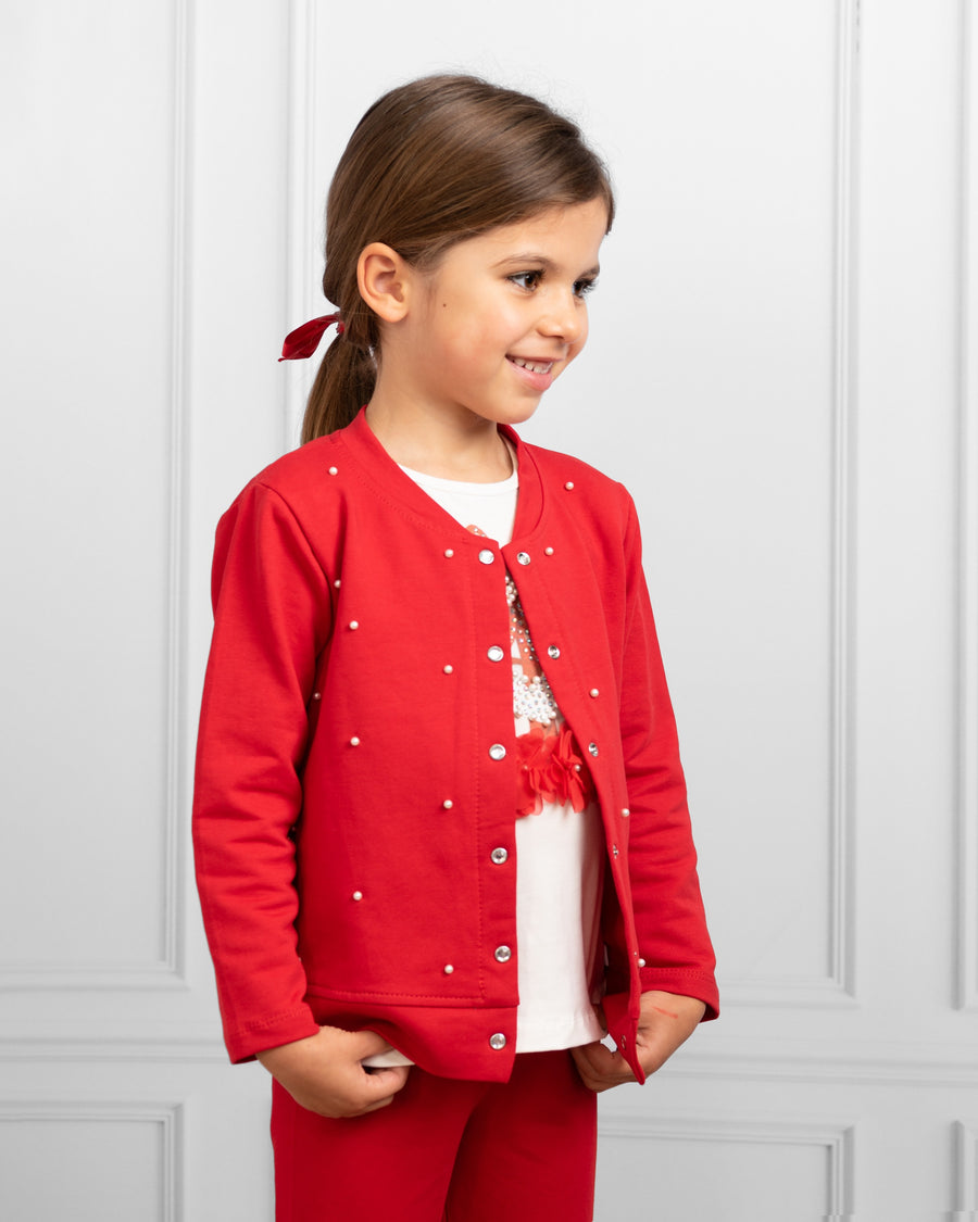 Red Long-Sleeve Pearl Embellished Button-Up Cardigan