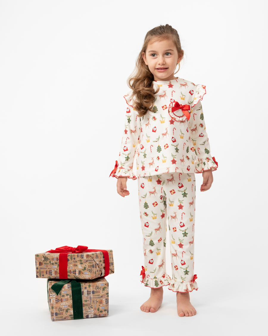 Festive Holiday Two-Piece Pyjama Set with Red Bows and Ruffles