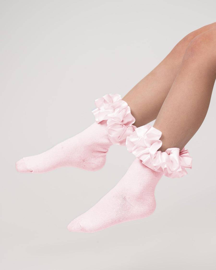 Pink Satin Ruffle Ankle Socks