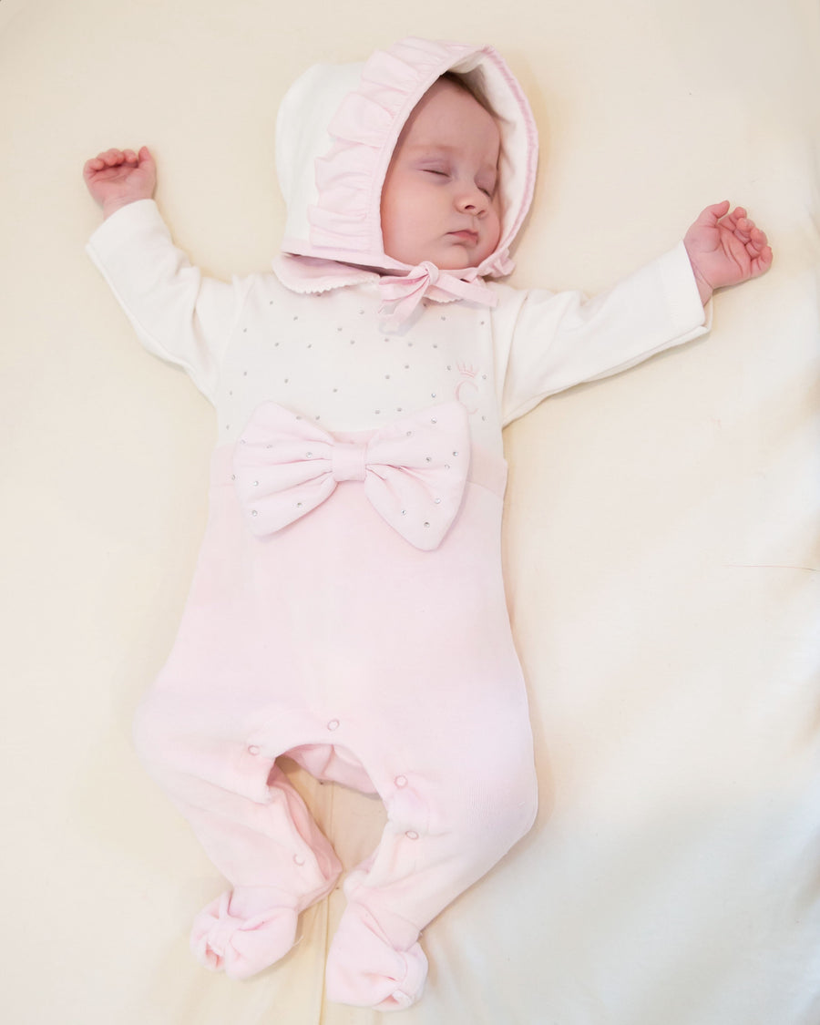 Velour Diamonte Bow Babygrow And Bonnet Set