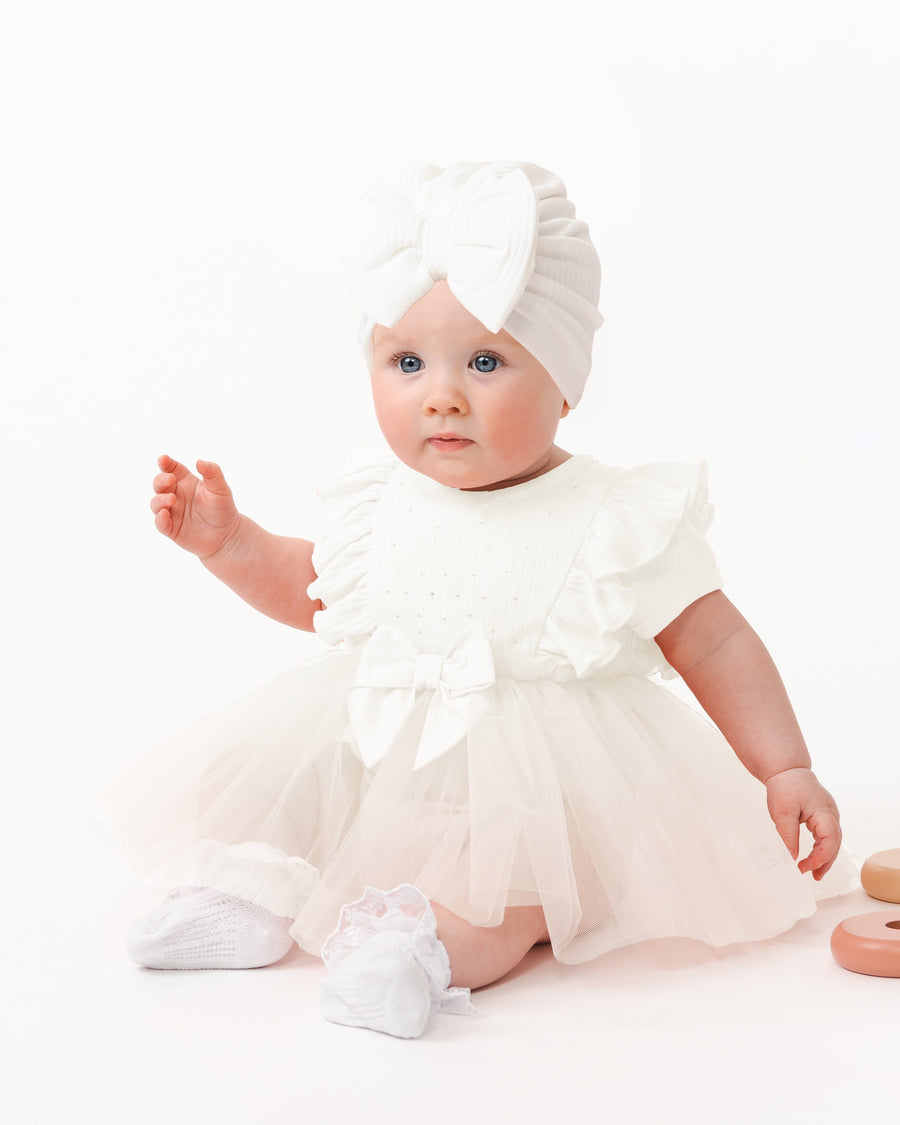 Ivory Tulle Baby Romper with Diamantes and Matching Hat