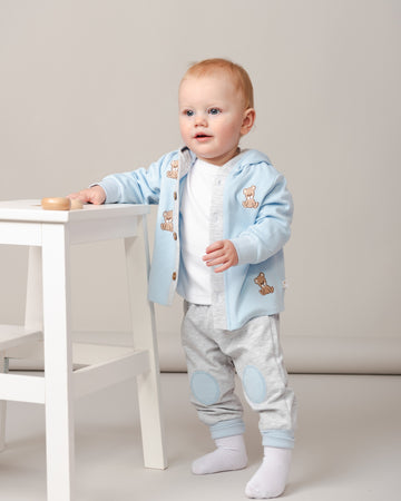 Sky Blue 3-Piece Outfit with Bear Embroidery