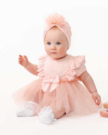 Pink Tulle Baby Romper with Diamantes and Matching Hat