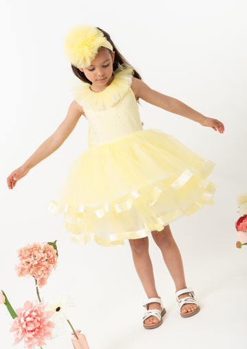 Lemon Dress with Headband and Tulle Ruffle Detail