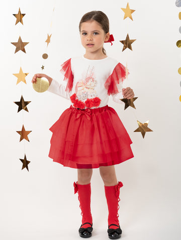 Red Long Sleeve Top and Tulle Skirt Set with Carousel Design (5-9yrs)