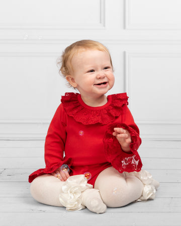 Red Long-Sleeve Bodysuit with Lace Collar and Cuff Details