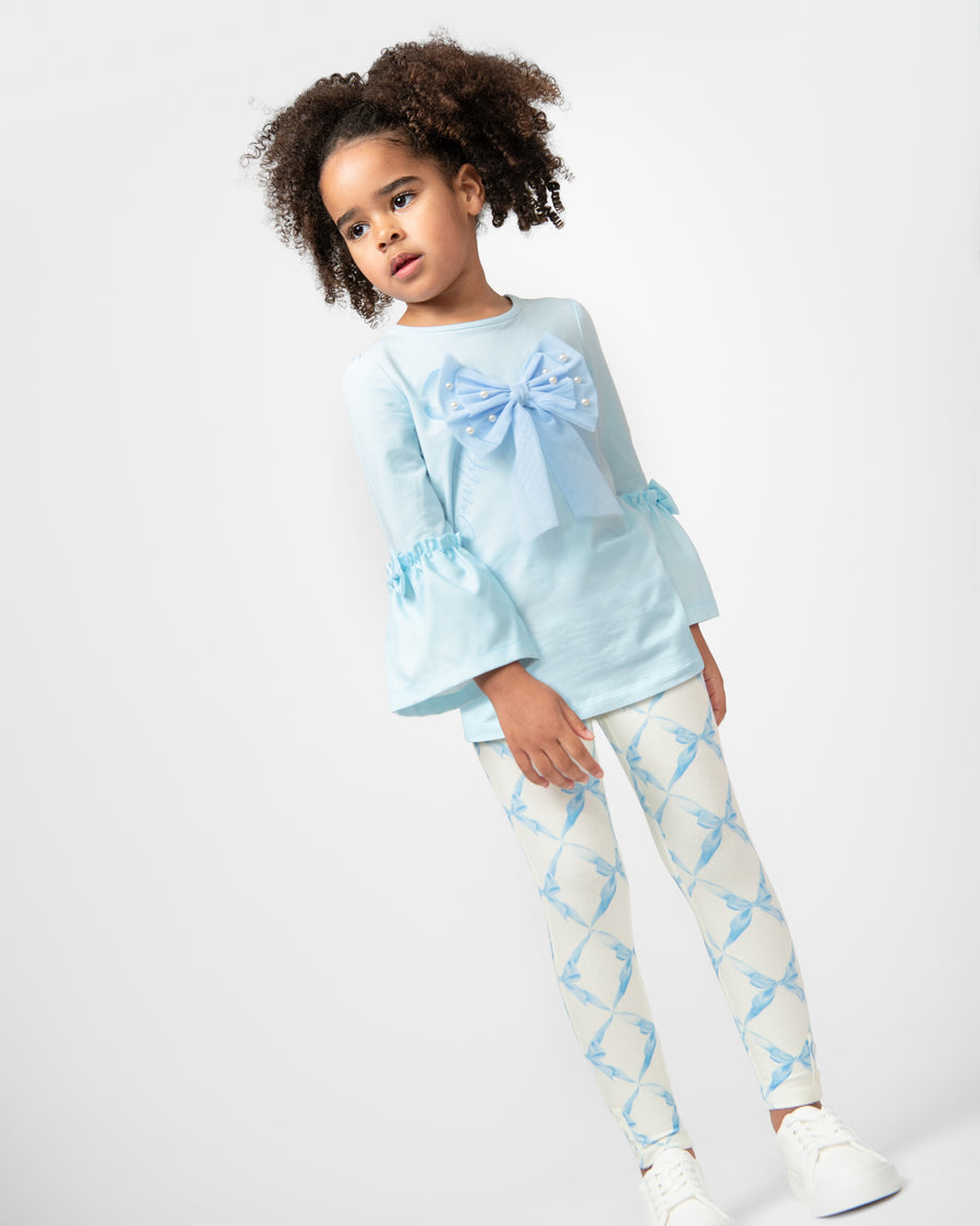 Sky Blue Top and Leggings Set with Bow Design (4-8 years)