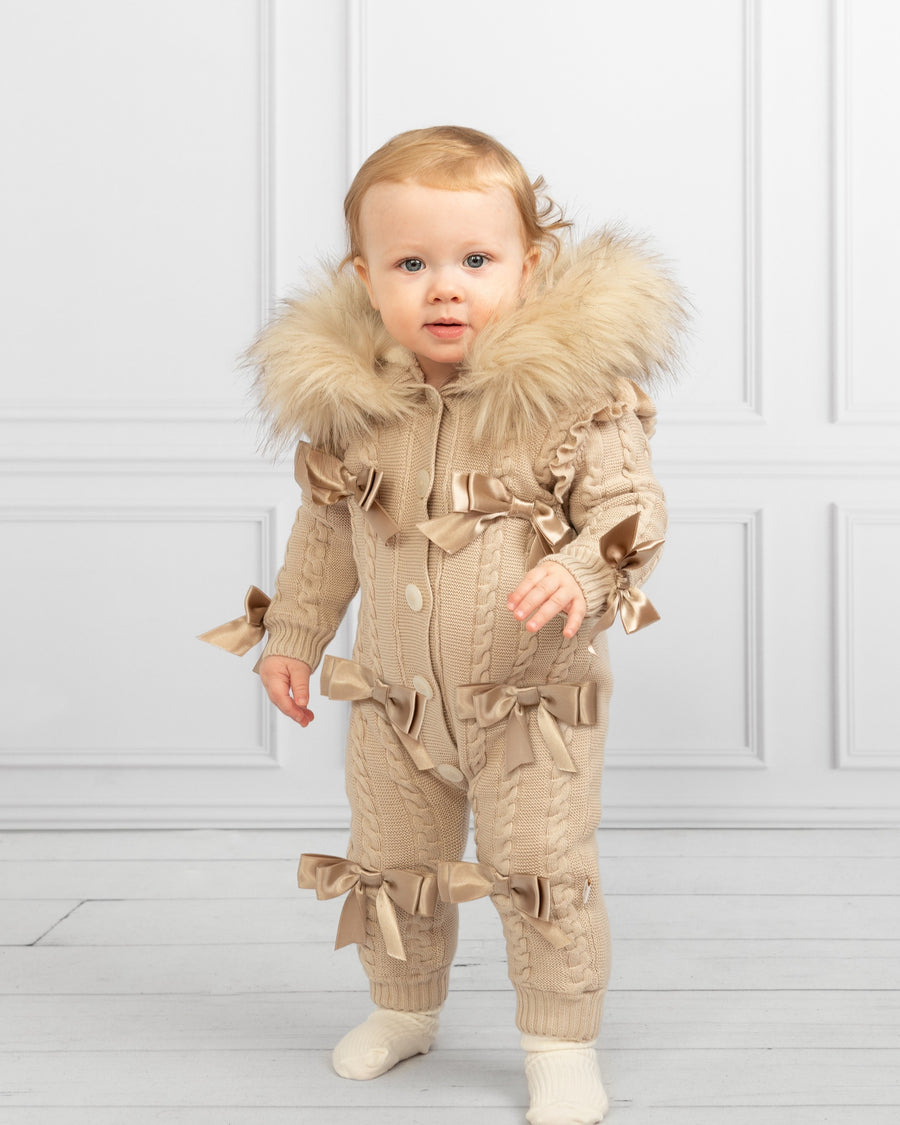 Beige Knitted Baby Snowsuit with Fur Hood and Satin Bows