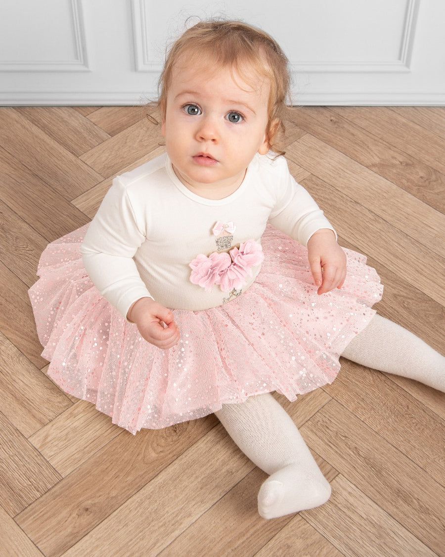 Pink Glittery Skirt and Bodysuit Set with Floral 3D Embellishments (0-18 months)