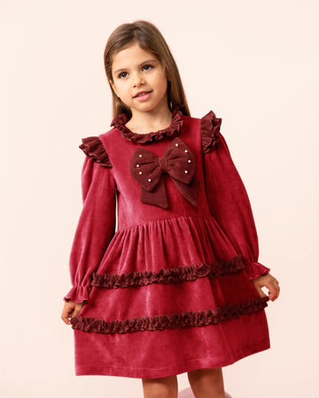 Red Long-Sleeve Velour Dress with Pearl Bow and Headband