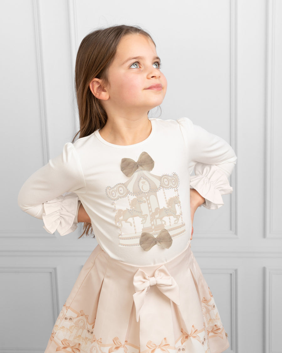 Mink Carousel Print Skirt Set with Bow Detail (5-9 years)