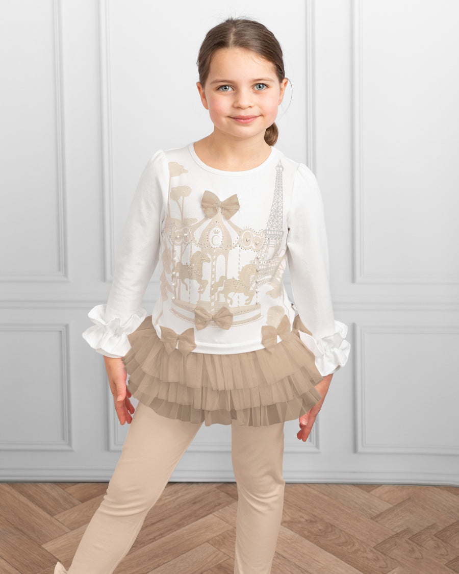 Mink Ruffled Top Set with Carousel and Eiffel Tower Design (4-9 years)