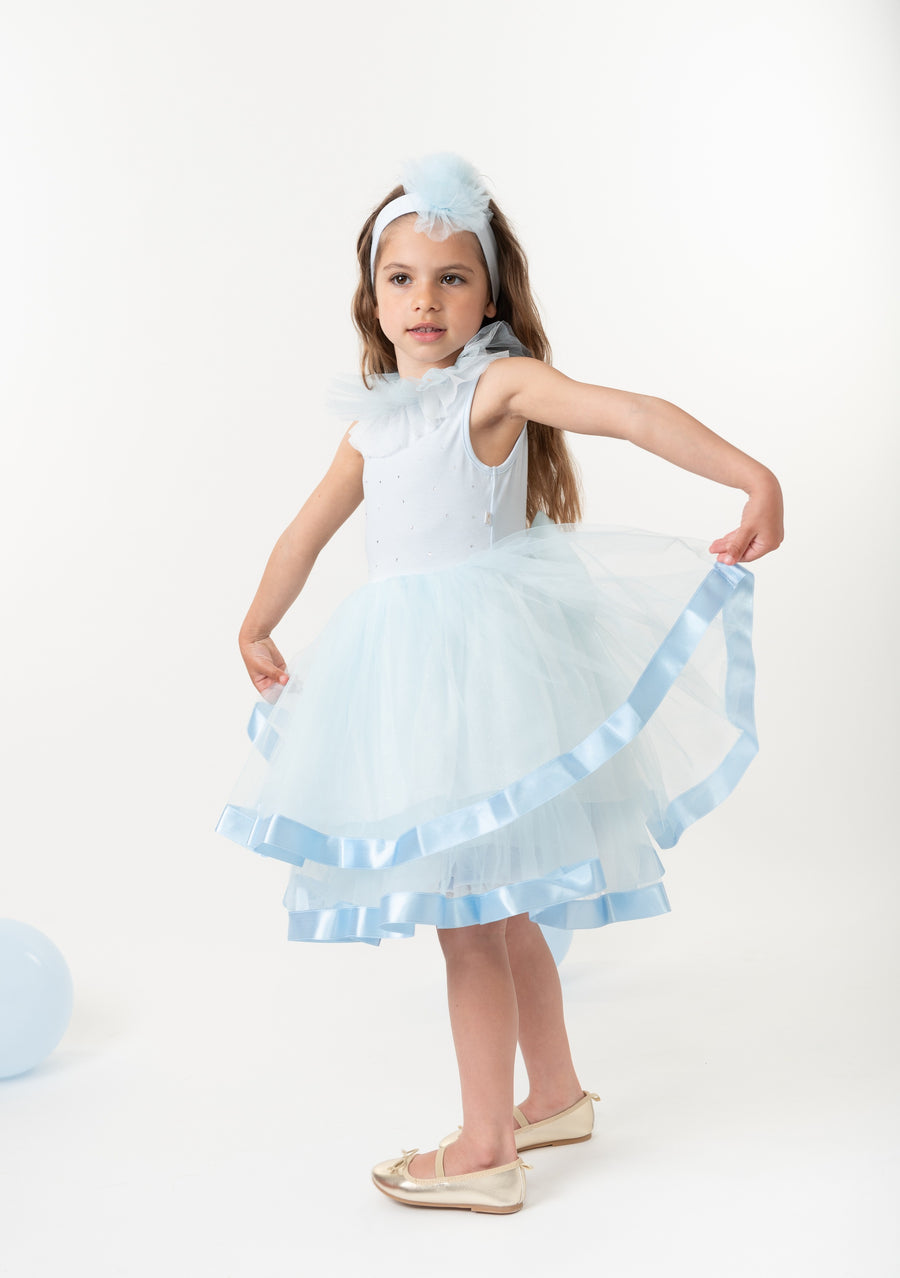 Sky Blue Tulle Dress with Satin Trim and Diamantes