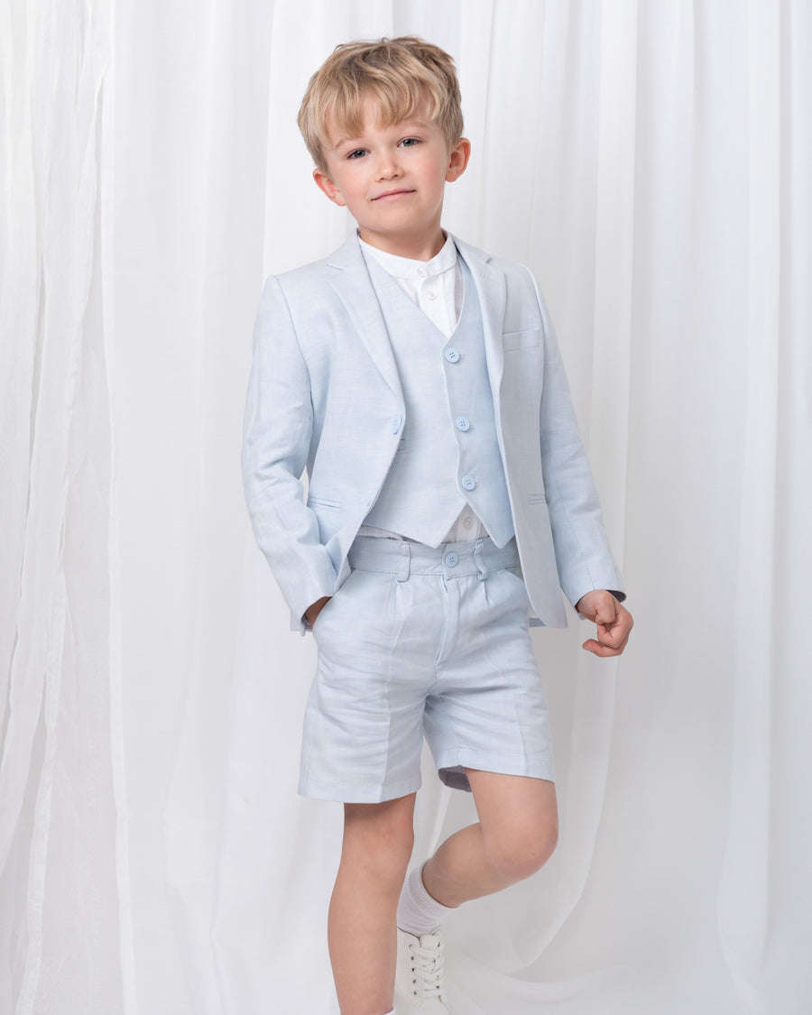 Sky Blue Boys' Linen Blend 3-Piece Suit Set