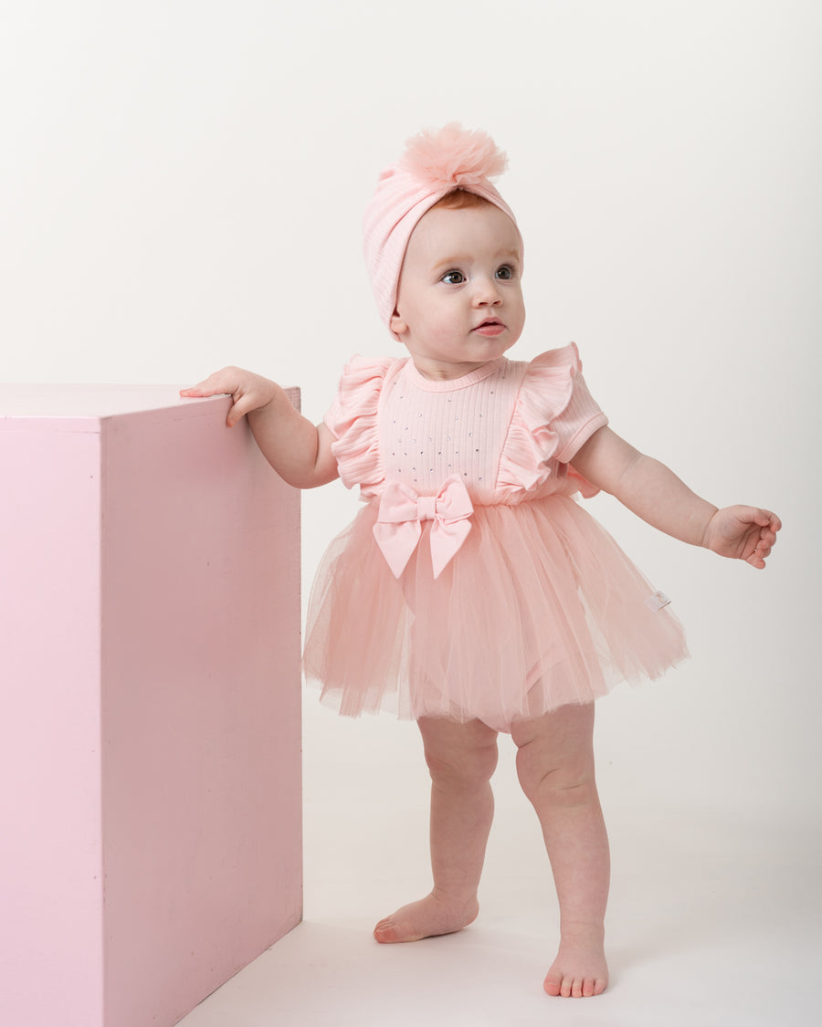 Pink Tulle Baby Romper with Diamantes and Matching Hat