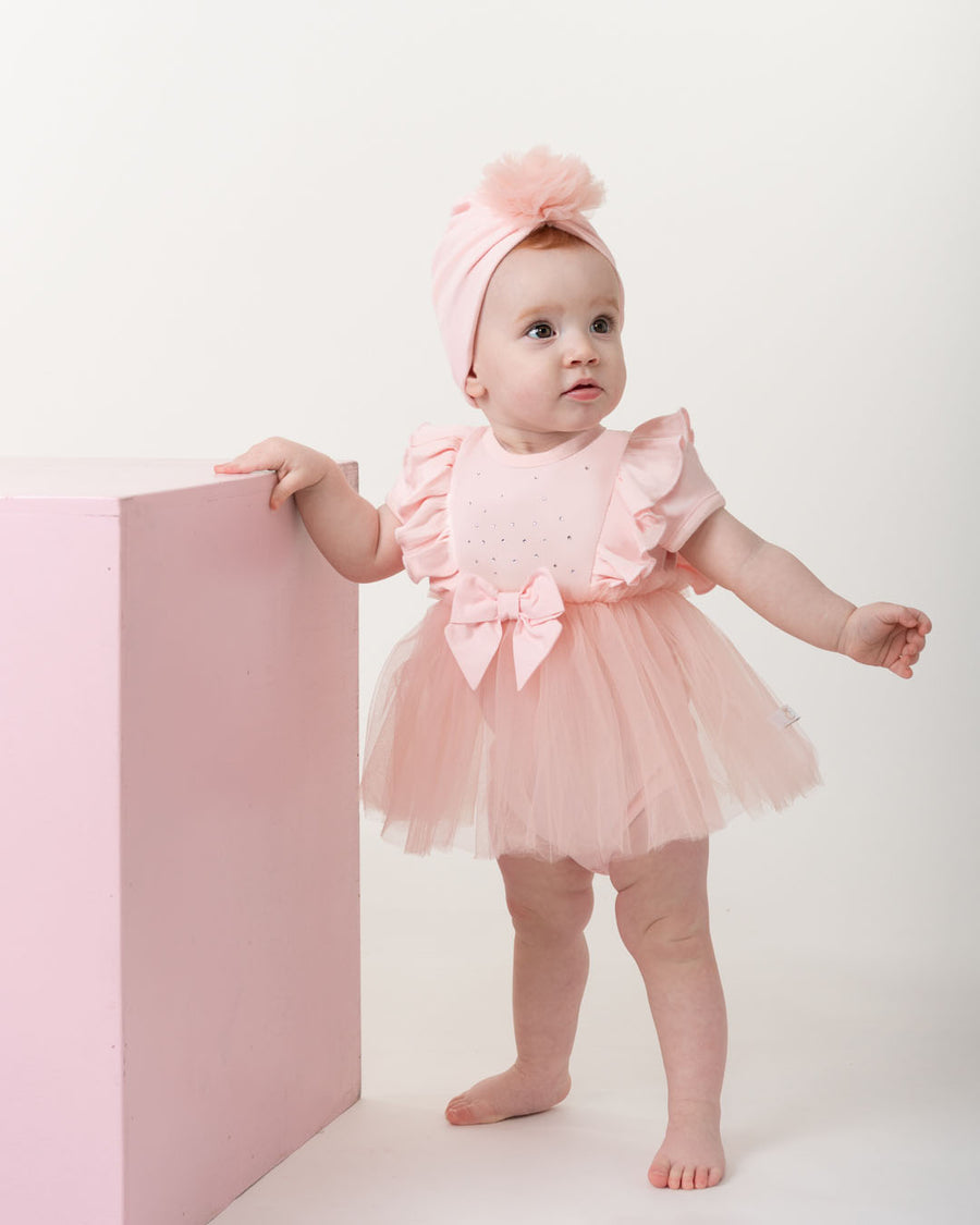 Pink Tulle Baby Romper with Diamantes and Matching Hat