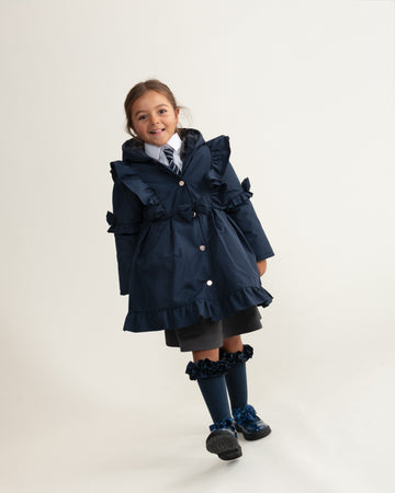 Navy Skirted Coat with Frill Detail