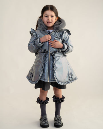 Grey Fur Trim Hood Peplum Coat